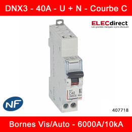Legrand - Disjoncteur DX³ 6000A / 10kA - auto/vis - U+N - 230 V~ - 40A - 10kA - courbe C - 1 module - Réf : 407718