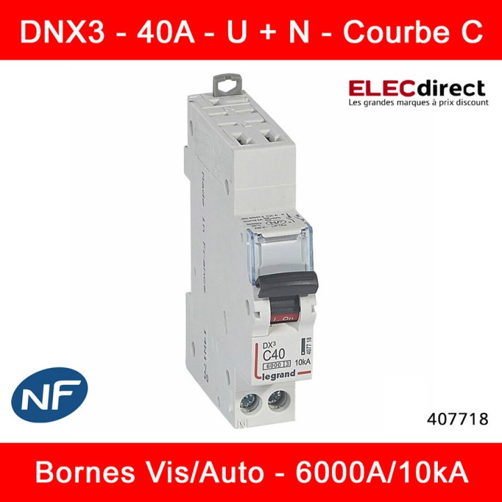 Legrand - Disjoncteur DX³ 6000A / 10kA - auto/vis - U+N - 230 V~ - 40A - 10kA - courbe C - 1 module - Réf : 407718
