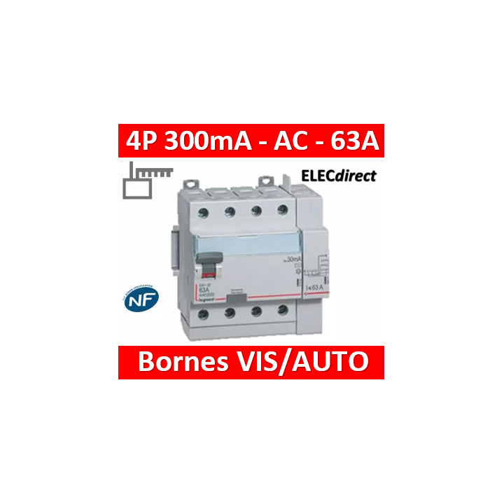 LEGRAND - Inter différentiel DX3-ID 4P 63A - 300mA - AC - Départ Haut - 5M - Réf : 411655
