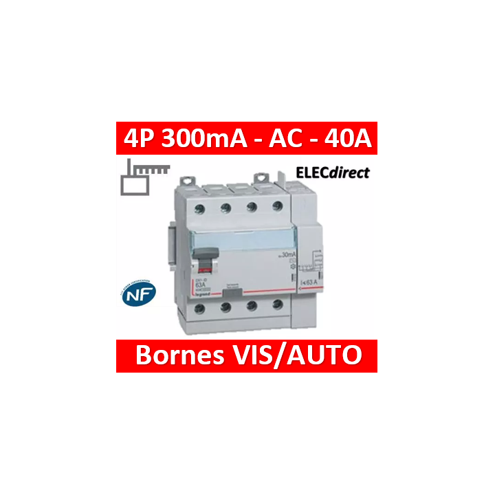 LEGRAND - Inter différentiel DX3-ID 4P 40A - 300mA - AC - Départ Haut - 5M - Réf : 411654
