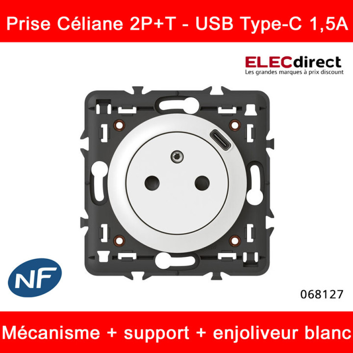 Legrand - Prise Céliane 2P+T 16A + chargeur USB Type-C - Mécanisme avec support et enjoliveur blanc - Réf : 068127