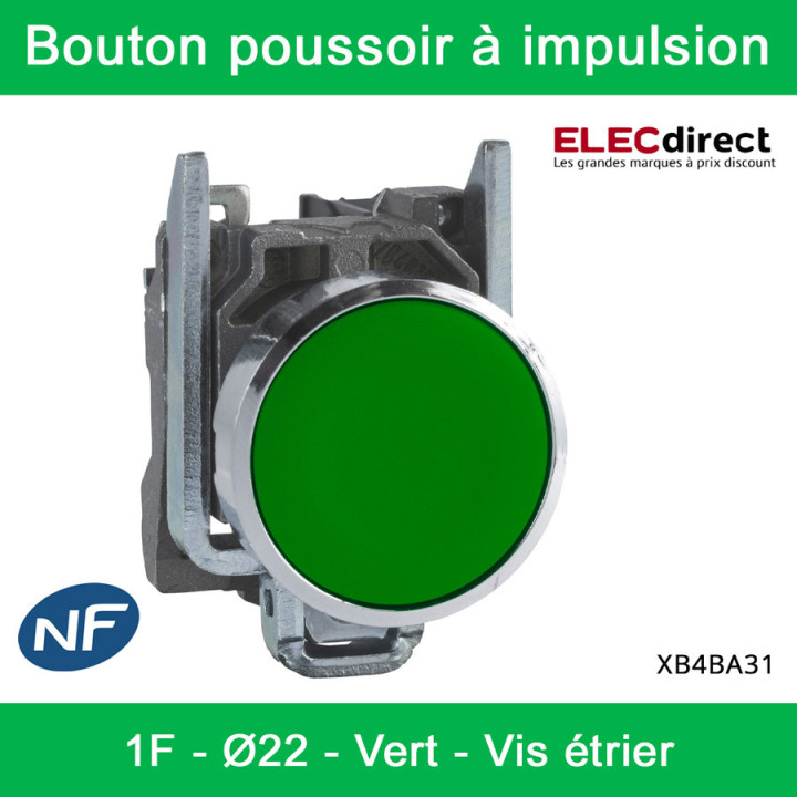 Schneider - Harmony XB4 - Bouton poussoir à impulsion Ø22 - 1F - vert - vis étrier -  Réf : XB4BA31