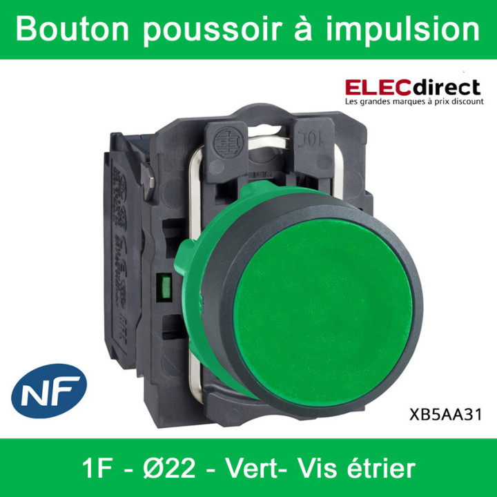 Schneider - Harmony XB5 - Bouton poussoir à impulsion Ø22 - 1F - vert - vis étrier -  Réf : XB5AA31
