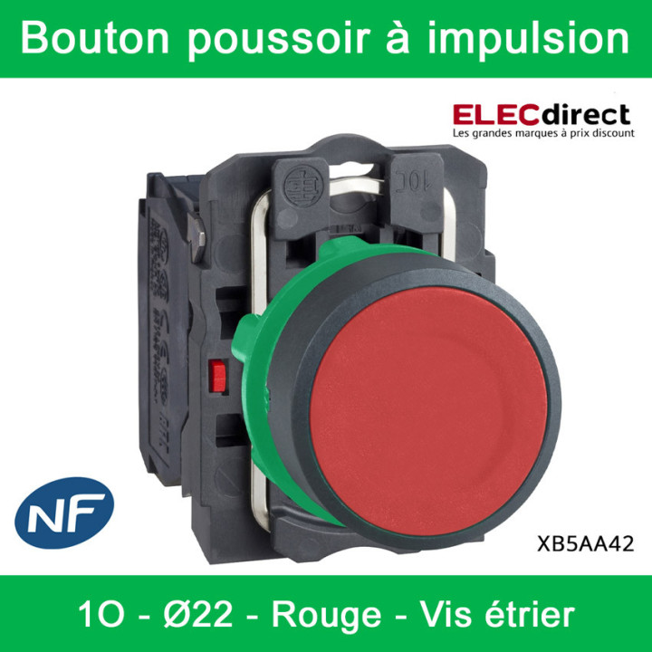 Schneider - Harmony XB5 - Bouton poussoir à impulsion Ø22 - 1O - rouge - vis étrier -  Réf : XB5AA42