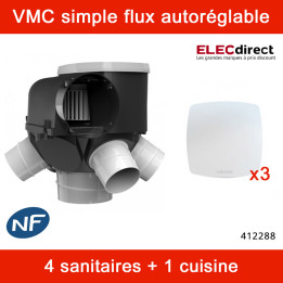 Atlantic - Kit VMC Autocosy - Simple flux autoréglable 4 sanitaires + 3 bouches fixes Line ultra plate - 238m³/h - Réf : 412288