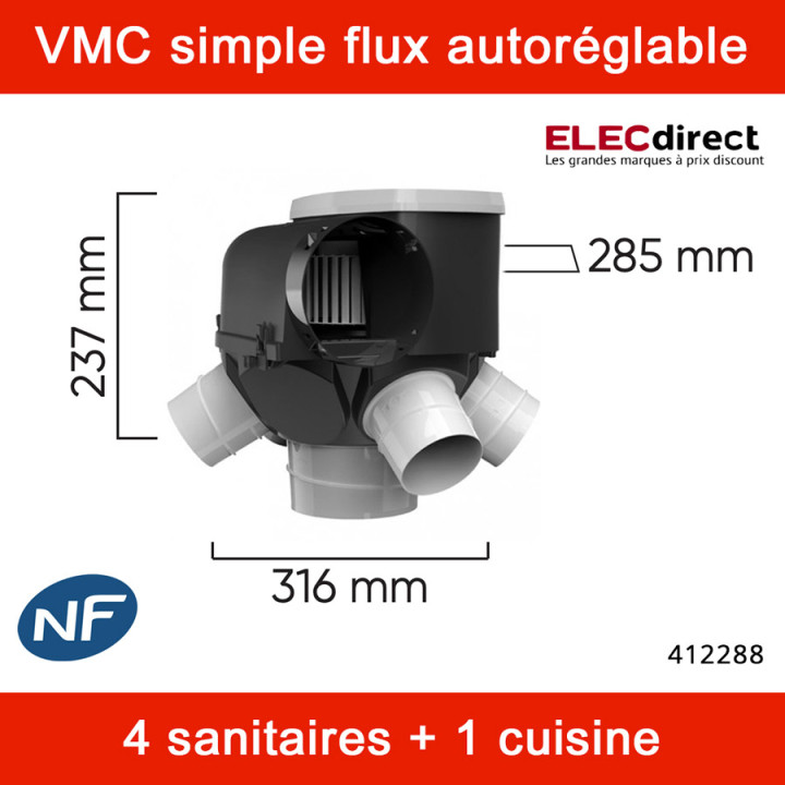 Atlantic - Kit VMC Autocosy - Simple flux autoréglable 4 sanitaires + 3 bouches fixes Line ultra plate - 238m³/h - Réf : 412288