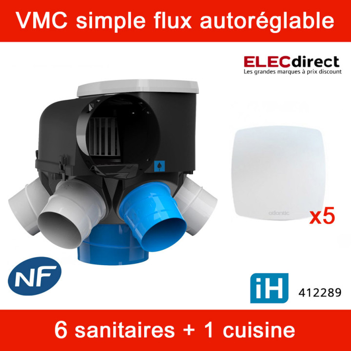 Atlantic - Kit VMC Autocosy iH - Simple flux intelligente 6 sanitaires + 5 bouches fixes Line plates - 230m³/h - Réf : 412289