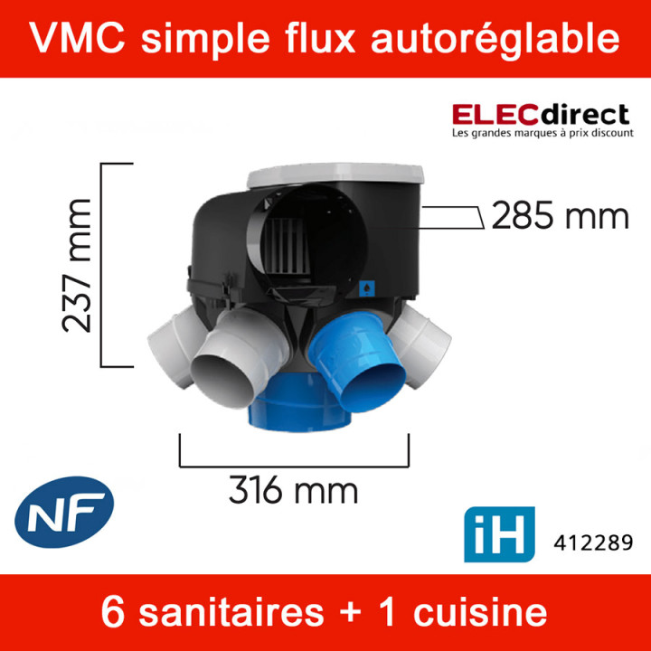 Atlantic - Kit VMC Autocosy iH - Simple flux intelligente 6 sanitaires + 5 bouches fixes Line plates - 230m³/h - Réf : 412289