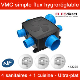 Atlantic - Kit VMC Hygrocosy Flex - Simple flux hygroréglable 4 sanitaires + 3 bouches (2 à piles) - 247m³/h - Réf : 412295