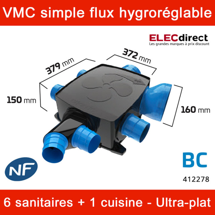 Atlantic - Kit VMC Hygrocosy BC Flex + - Simple flux hygroréglable 6 sanitaires + 3 bouches à piles - 247m³/h - Réf : 412278