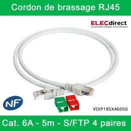 Schneider - Actassi - Cordon de brassage cat. 6A - S/FTP 4 paires -550 MHz LSZH - 5 mètres - gris - Réf : VDIP185X46050