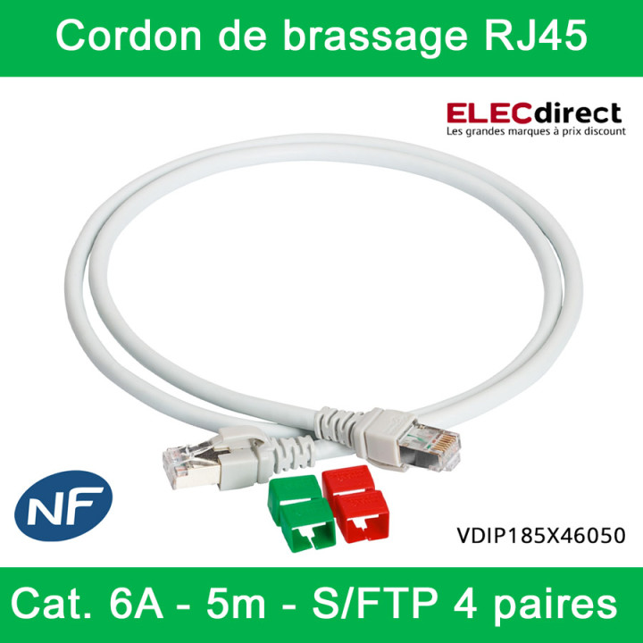 Schneider - Actassi - Cordon de brassage cat. 6A - S/FTP 4 paires -550 MHz LSZH - 5 mètres - gris - Réf : VDIP185X46050