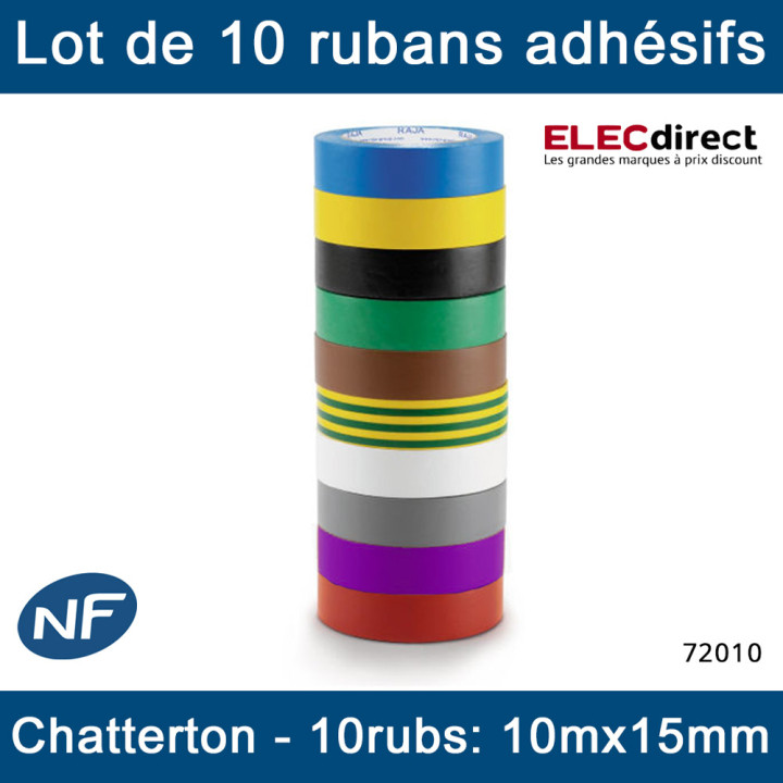 Eur'Ohm - Lot de 10 rubans isolants adhésifs - Couleurs panachés - Chatterton - 15mm x 10m - Réf : 72010