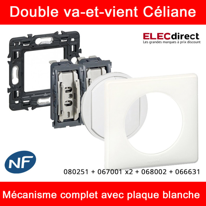 Legrand Céliane - Interrupteur double va-et-vient complet blanc 1 poste - Réf : 080251 + 067001 x2 + 068002 + 066631