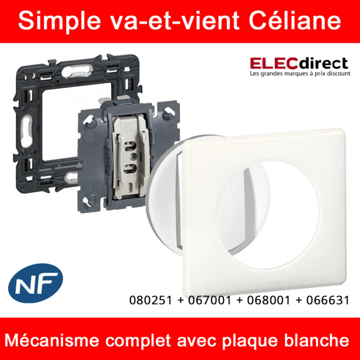 Legrand Céliane - Interrupteur va-et-vient complet blanc 1 poste - Réf : 080251 + 067001 + 068001 + 066631