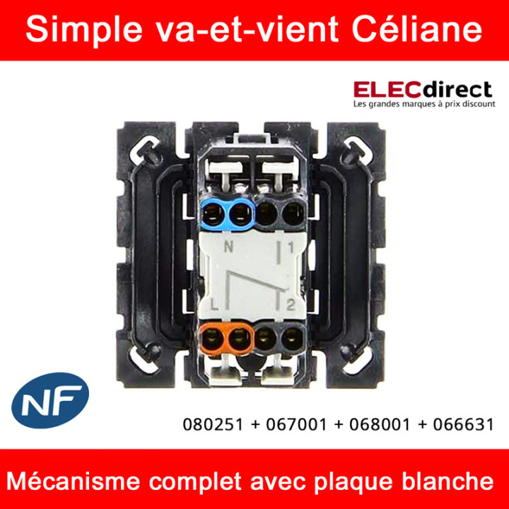 Legrand Céliane - Interrupteur va-et-vient complet blanc 1 poste - Réf : 080251 + 067001 + 068001 + 066631