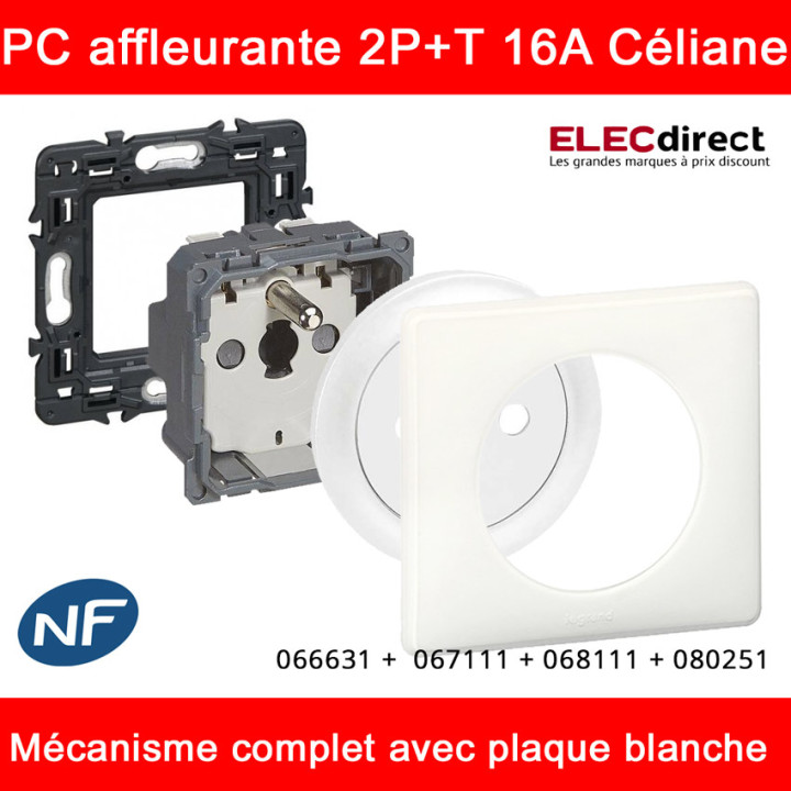 Legrand Céliane - Prise électrique affleurante complète blanc - 2P+T 16A  - 1 poste - Réf : 066631 +  067111 + 068111 + 080251