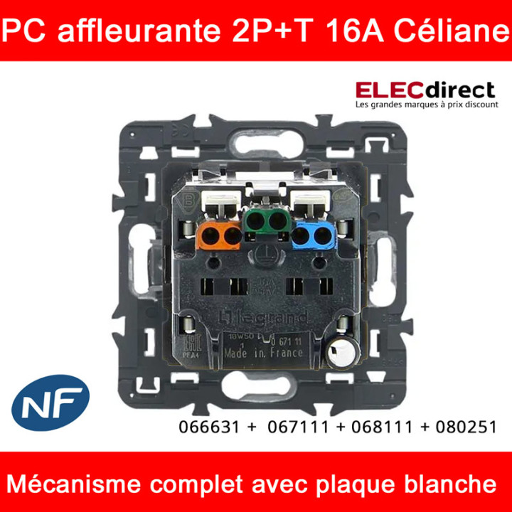 Legrand Céliane - Prise électrique affleurante complète blanc - 2P+T 16A  - 1 poste - Réf : 066631 +  067111 + 068111 + 080251