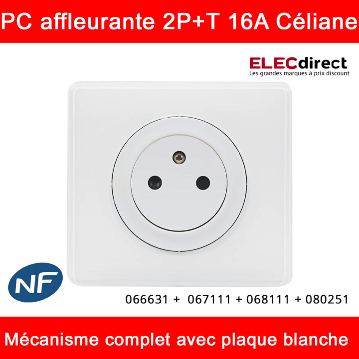 Legrand Céliane - Prise électrique affleurante complète blanc - 2P+T 16A  - 1 poste - Réf : 066631 +  067111 + 068111 + 080251