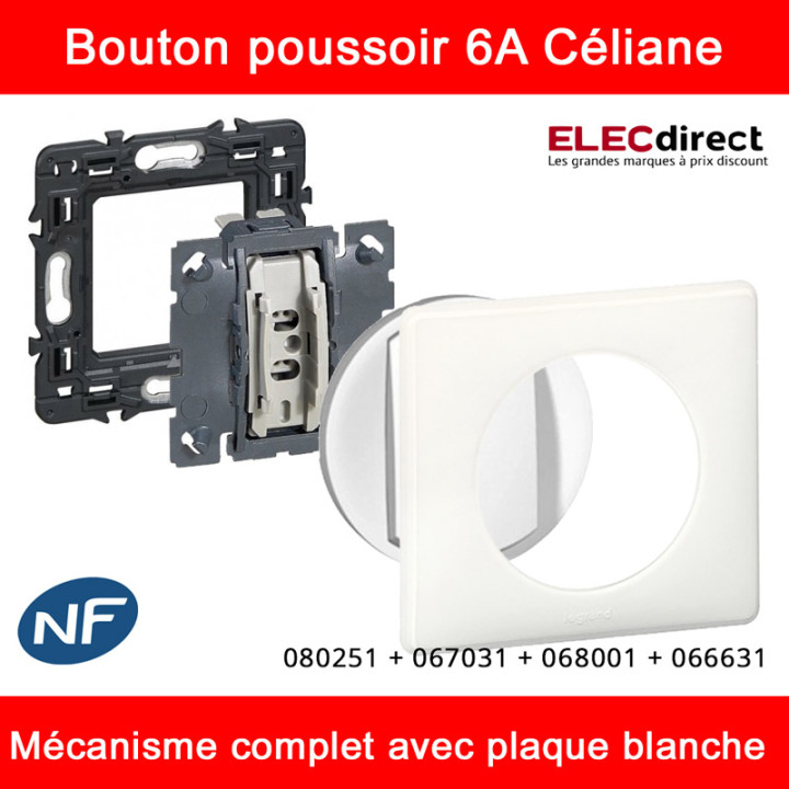 Legrand Céliane - Bouton poussoir complet blanc 1 poste - Réf : 080251 + 067031 + 068001 + 066631