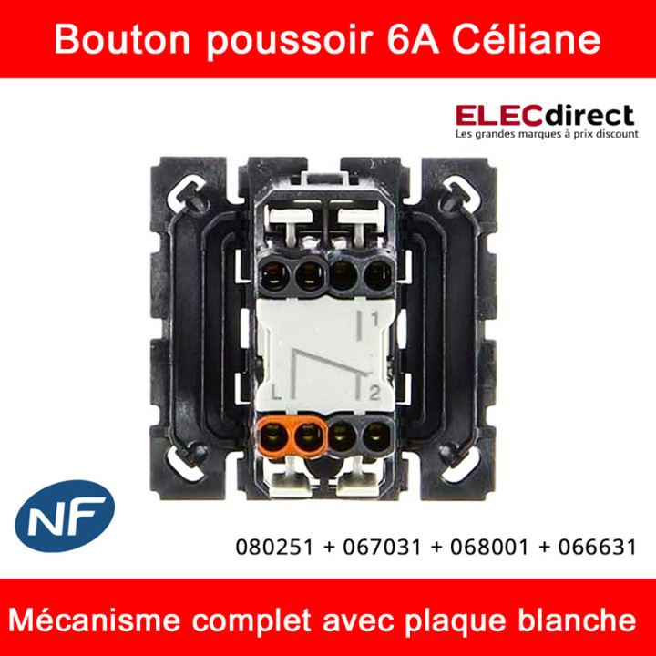Legrand Céliane - Bouton poussoir complet blanc 1 poste - Réf : 080251 + 067031 + 068001 + 066631