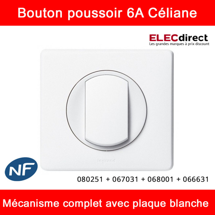 Legrand Céliane - Bouton poussoir complet blanc 1 poste - Réf : 080251 + 067031 + 068001 + 066631