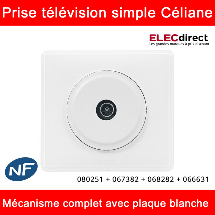 Legrand Céliane - Prise télévision simple complète blanche 1 poste - Réf : 080251 + 067382 + 068282 + 066631