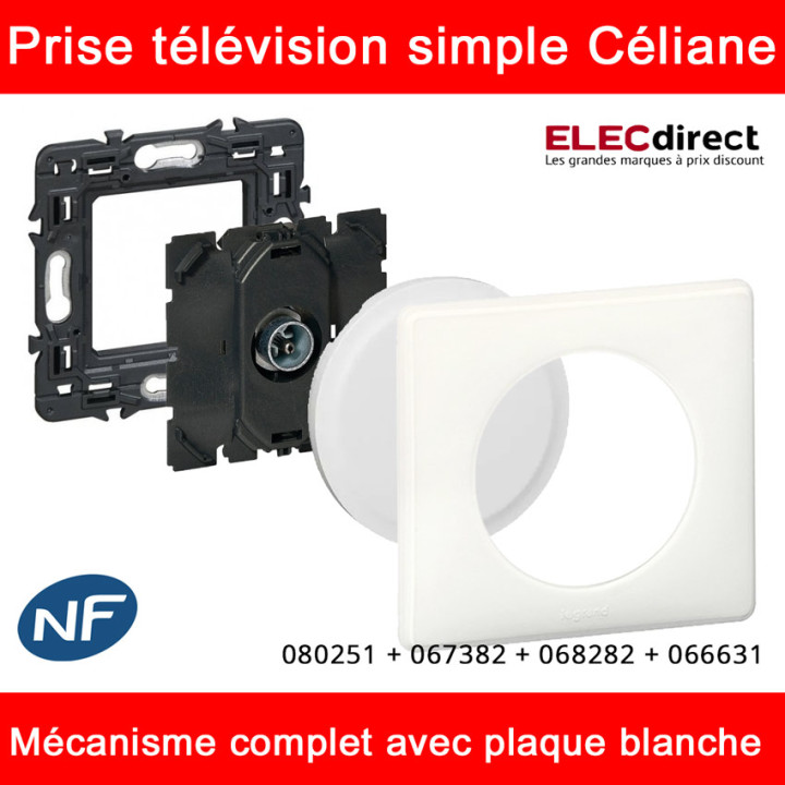 Legrand Céliane - Prise télévision simple complète blanche 1 poste - Réf : 080251 + 067382 + 068282 + 066631