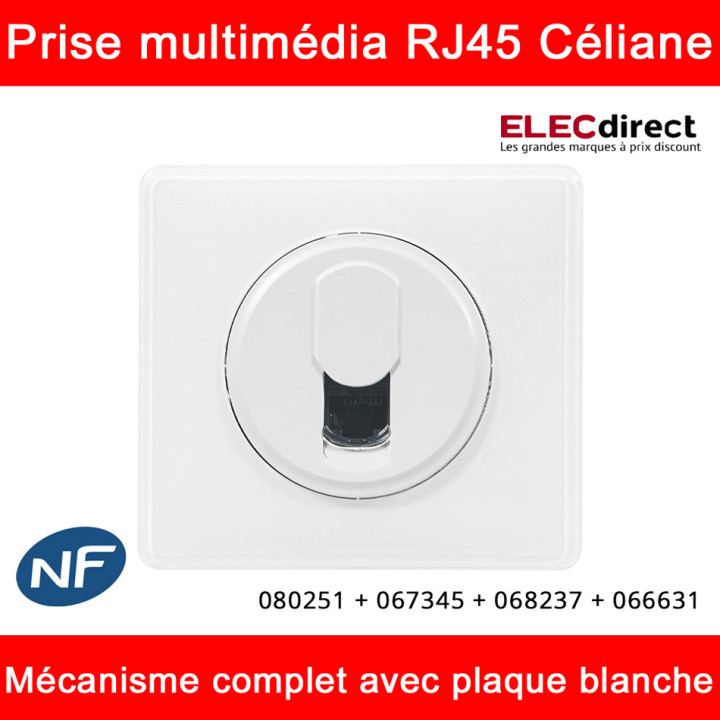 Legrand - Céliane - Prise  RJ45 simple multimédia Cat. 6 FTP complète blanche 1 poste - Réf : 080251 + 067345 + 068237 + 066631