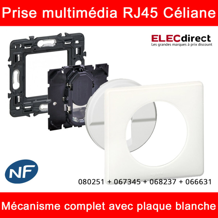 Legrand - Céliane - Prise  RJ45 simple multimédia Cat. 6 FTP complète blanche 1 poste - Réf : 080251 + 067345 + 068237 + 066631