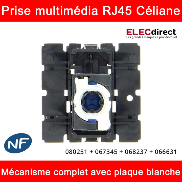 Legrand - Céliane - Prise  RJ45 simple multimédia Cat. 6 FTP complète blanche 1 poste - Réf : 080251 + 067345 + 068237 + 066631