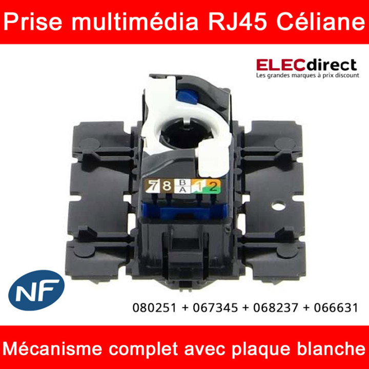 Legrand - Céliane - Prise  RJ45 simple multimédia Cat. 6 FTP complète blanche 1 poste - Réf : 080251 + 067345 + 068237 + 066631