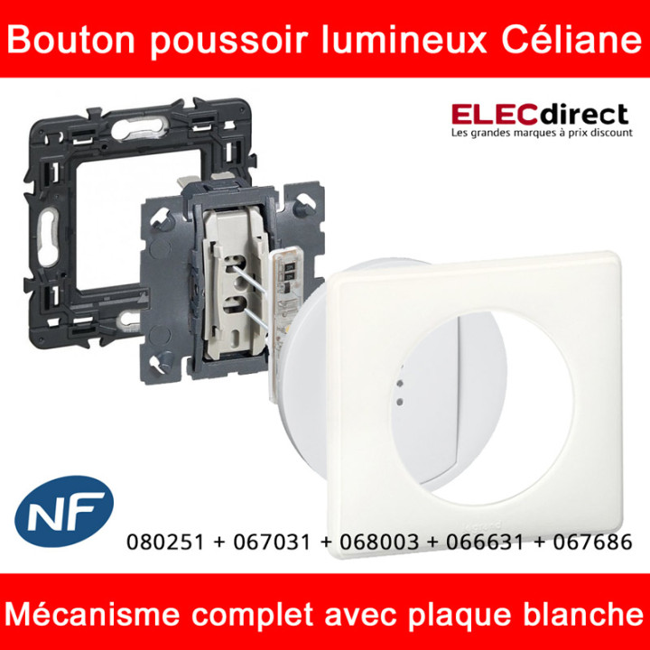 Legrand Céliane - Bouton poussoir à voyant lumineux complet blanc 1 poste - Réf : 080251 + 067031 + 068003 + 066631 + 067686