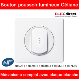 Legrand Céliane - Bouton poussoir à voyant lumineux complet blanc 1 poste - Réf : 080251 + 067031 + 068003 + 066631 + 067686