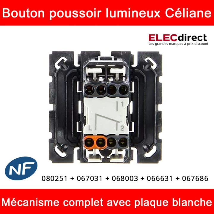 Legrand Céliane - Bouton poussoir à voyant lumineux complet blanc 1 poste - Réf : 080251 + 067031 + 068003 + 066631 + 067686