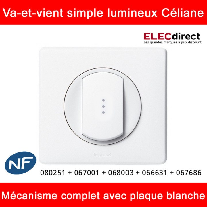 Legrand Céliane - Va-et-vient à voyant lumineux complet blanc 1 poste - Réf : 080251 + 067001 + 068003 + 066631 + 067686