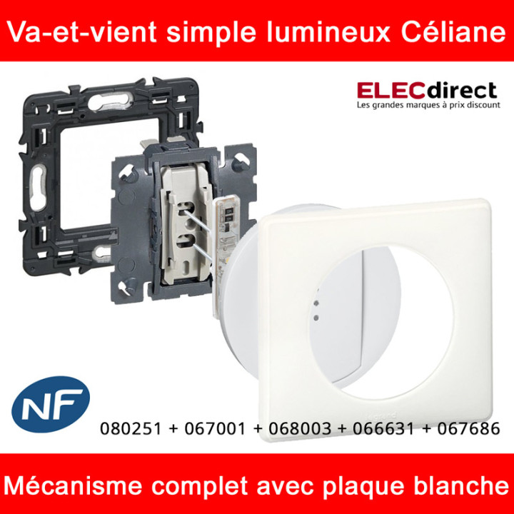 Legrand Céliane - Va-et-vient à voyant lumineux complet blanc 1 poste - Réf : 080251 + 067001 + 068003 + 066631 + 067686