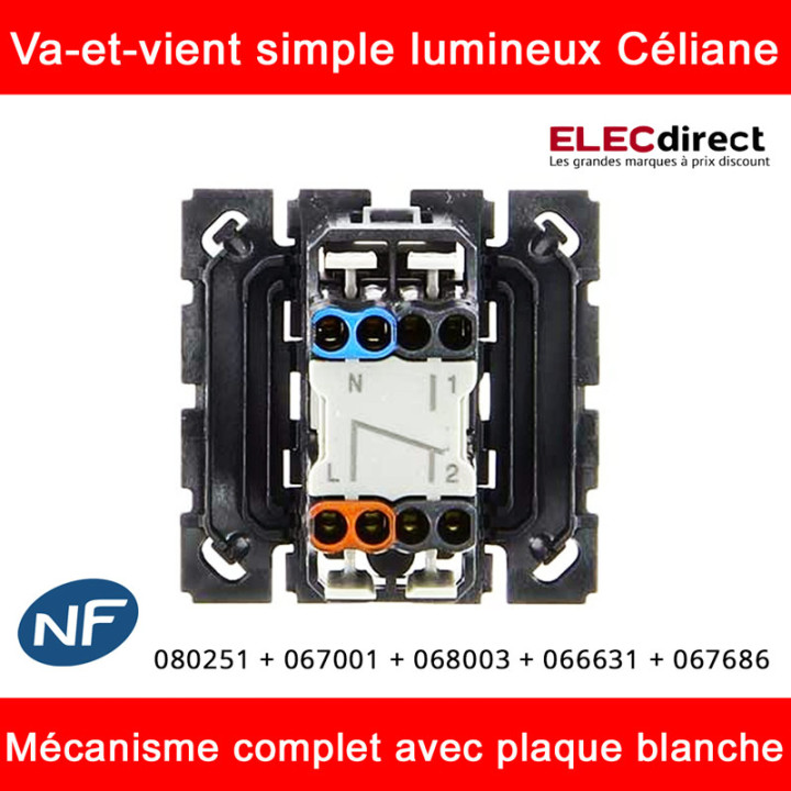 Legrand Céliane - Va-et-vient à voyant lumineux complet blanc 1 poste - Réf : 080251 + 067001 + 068003 + 066631 + 067686
