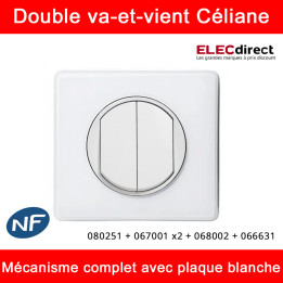 Legrand Céliane - Interrupteur double va-et-vient complet blanc 1 poste - Réf : 080251 + 067001 x2 + 068002 + 066631