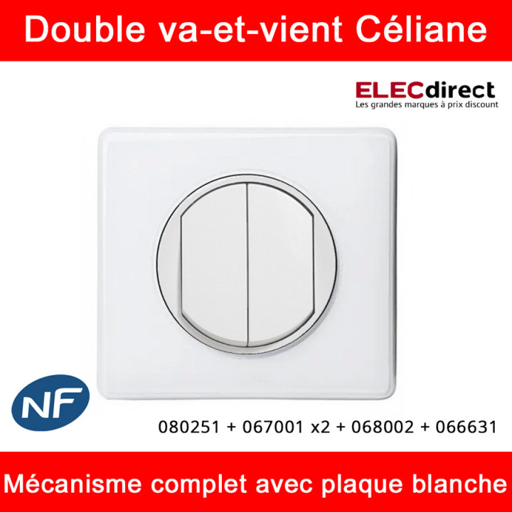 Legrand Céliane - Interrupteur double va-et-vient complet blanc 1 poste - Réf : 080251 + 067001 x2 + 068002 + 066631