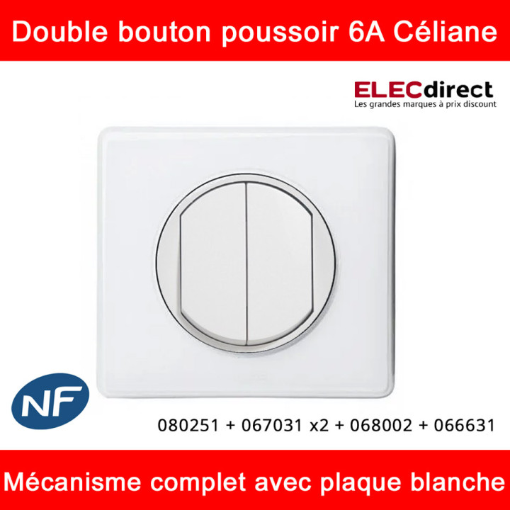 Legrand Céliane - Double bouton poussoir complet blanc 1 poste - Réf : 080251 + 067031 x2 + 068002 + 066631
