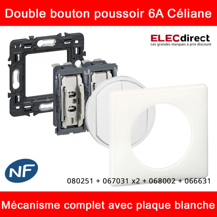 Legrand Céliane - Double bouton poussoir complet blanc 1 poste - Réf : 080251 + 067031 x2 + 068002 + 066631