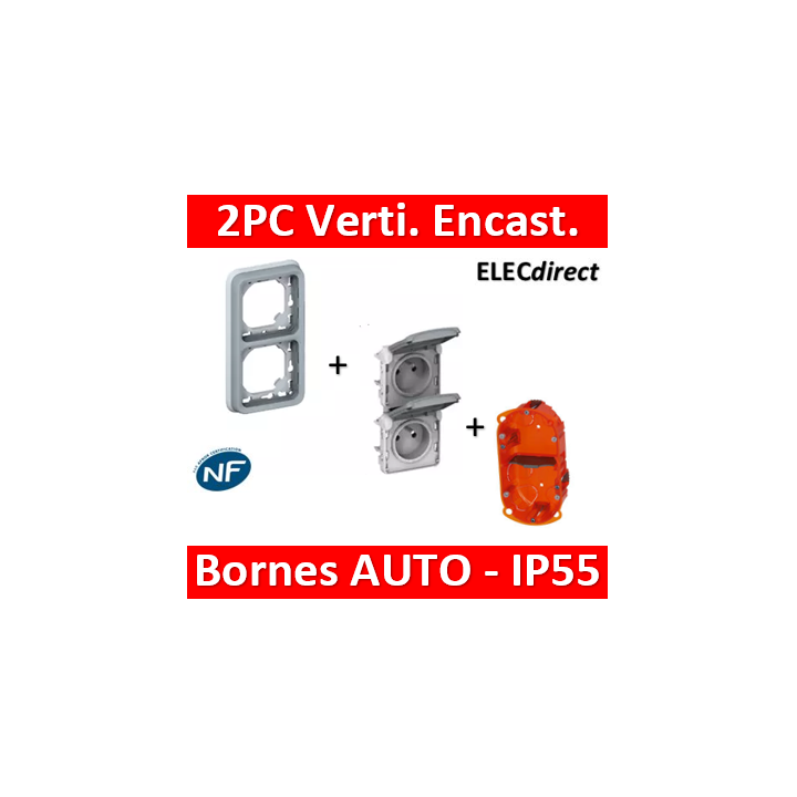 Legrand Plexo - Double PC 2P+T 16A 230V encast. - vertical - IP55/IK07 + Boîte Batibox - 069685+069563+080102