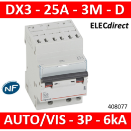Legrand Disjoncteur DX³6000 10kA arrivée auto départ vis 3P - 25A - courbe D - 408077