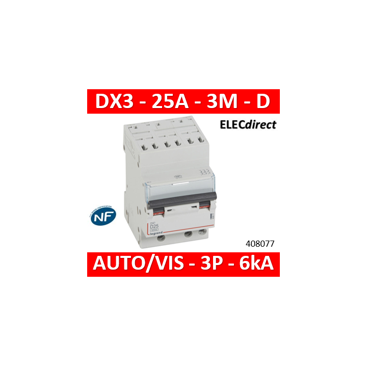Legrand Disjoncteur DX³6000 10kA arrivée auto départ vis 3P - 25A - courbe D - 408077