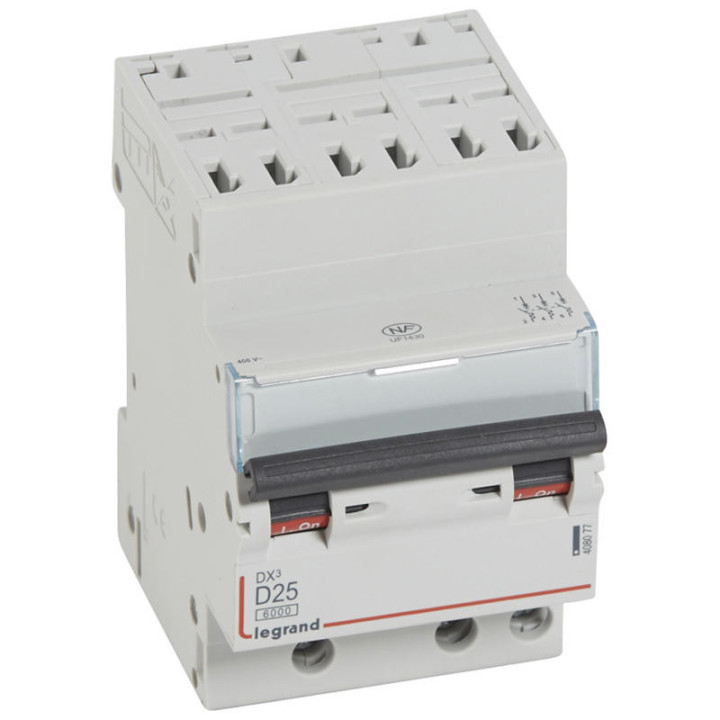 Legrand Disjoncteur DX³6000 10kA arrivée auto départ vis 3P - 25A - courbe D - 408077