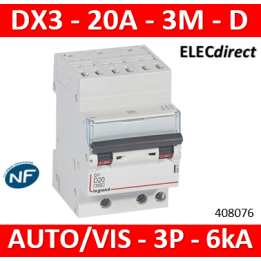 Legrand Disjoncteur DX³6000 10kA arrivée auto départ vis 3P - 20A - courbe D - 408076