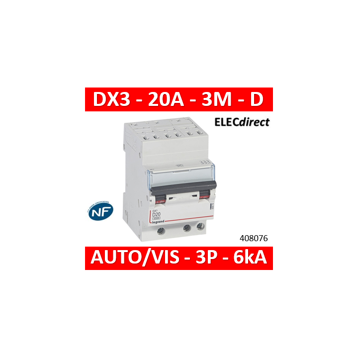 Legrand Disjoncteur DX³6000 10kA arrivée auto départ vis 3P - 20A - courbe D - 408076