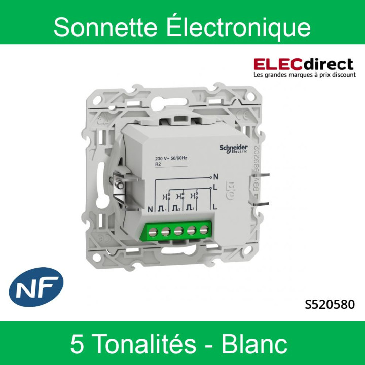Schneider - Sonnette électronique Odace - Blanc - 5 tonnalités - 70 dB/1m - 10A - 230V - Réf : S520580
