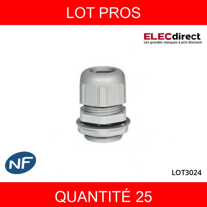 LEGRAND - LOT PROS - Presse-étoupe plastique - IP68 - ISO 20 - RAL 7001 - Réf : 098003X25